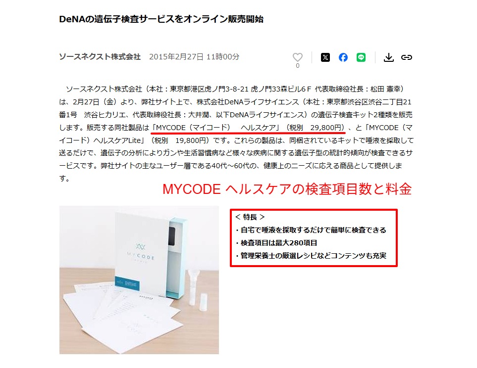 MYCODEリリース当時のプレスリリースに記載された280項目・29,800円の料金情報(PR TIMESより)