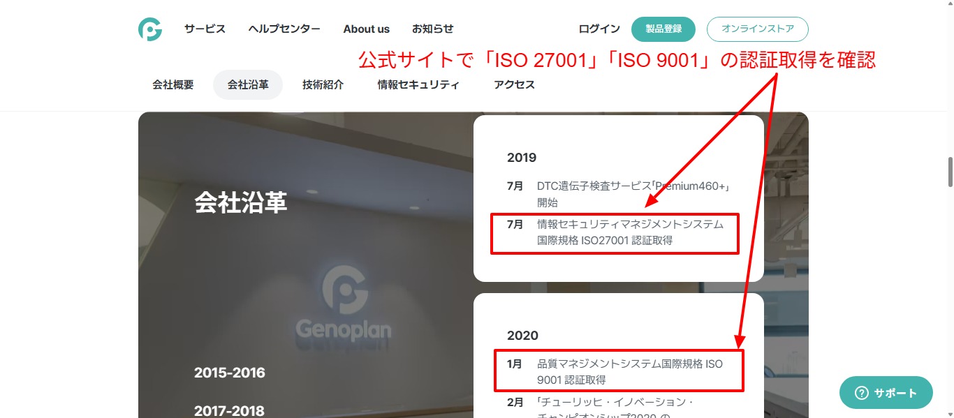 ジェノプラン公式サイトのISO認証取得の記載（2026年4月時点）