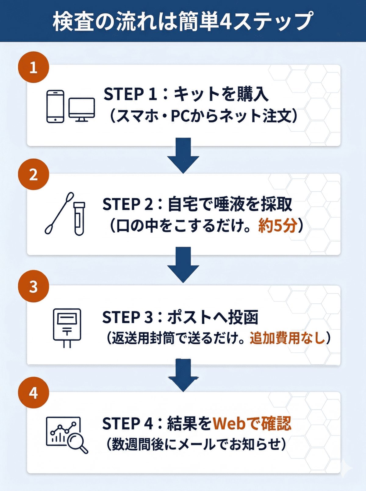ルーツ遺伝子検査の手順を図解。キットの購入、自宅での唾液採取、ポストへの投函、Webでの結果確認の4ステップ