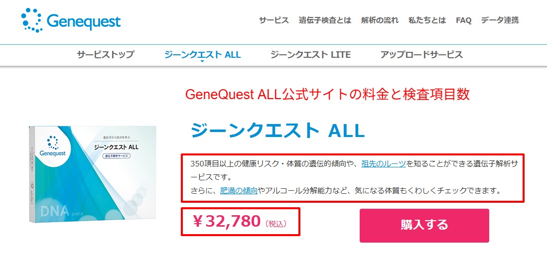 GeneQuest ALL公式サイトの料金と検査項目数（2026年4月時点）